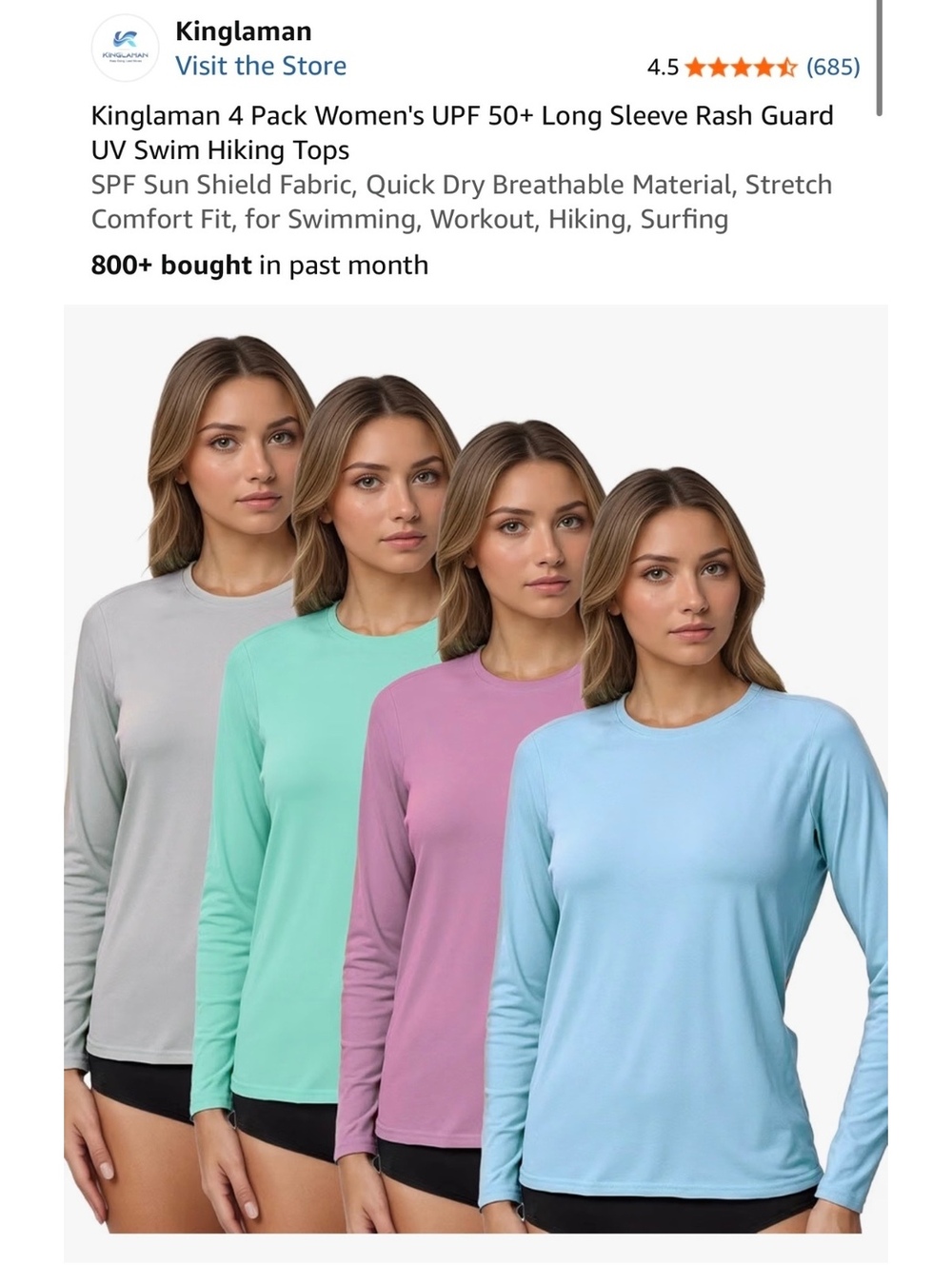Kinglaman 4 Pack Women's UPF 50+ Long Sleeve Rash Guard Swim Hiking Tops XS